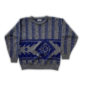 Vintage Lavané Men's Sweater Knit Cosby Sweater Aztec Print Gray/ Blue Sz S